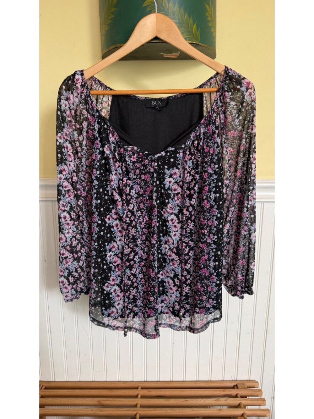 BCX Womens Sheer Black Floral Peasant Top With Lining Size L cottage boho y2k